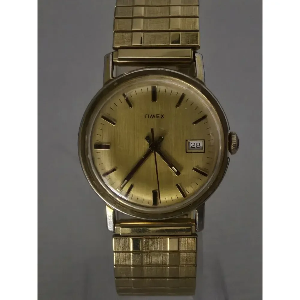 Mens Vintage 1977 Timex Manual Wind Watch Rare Gold Dial New Band Runs